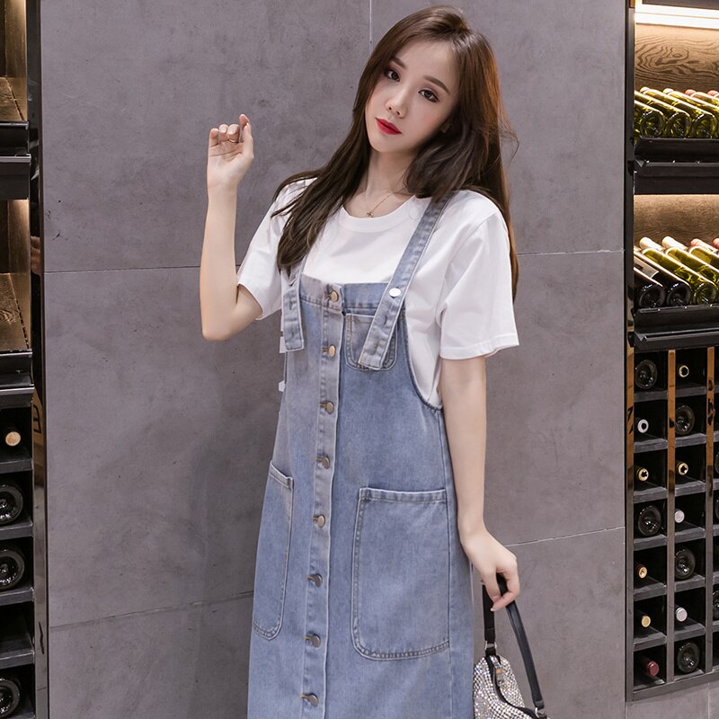 #2743 Single Breasted Denim Dress Women Pockets Casual A-line Dress Female Loose Jeans Spaghetti Strap Midi Dress Ladies S-5XL alx