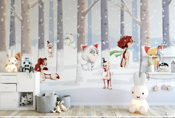 3D Hand Drawn Snow Forest Animal Wall Mural Wallpaper Lqh 557