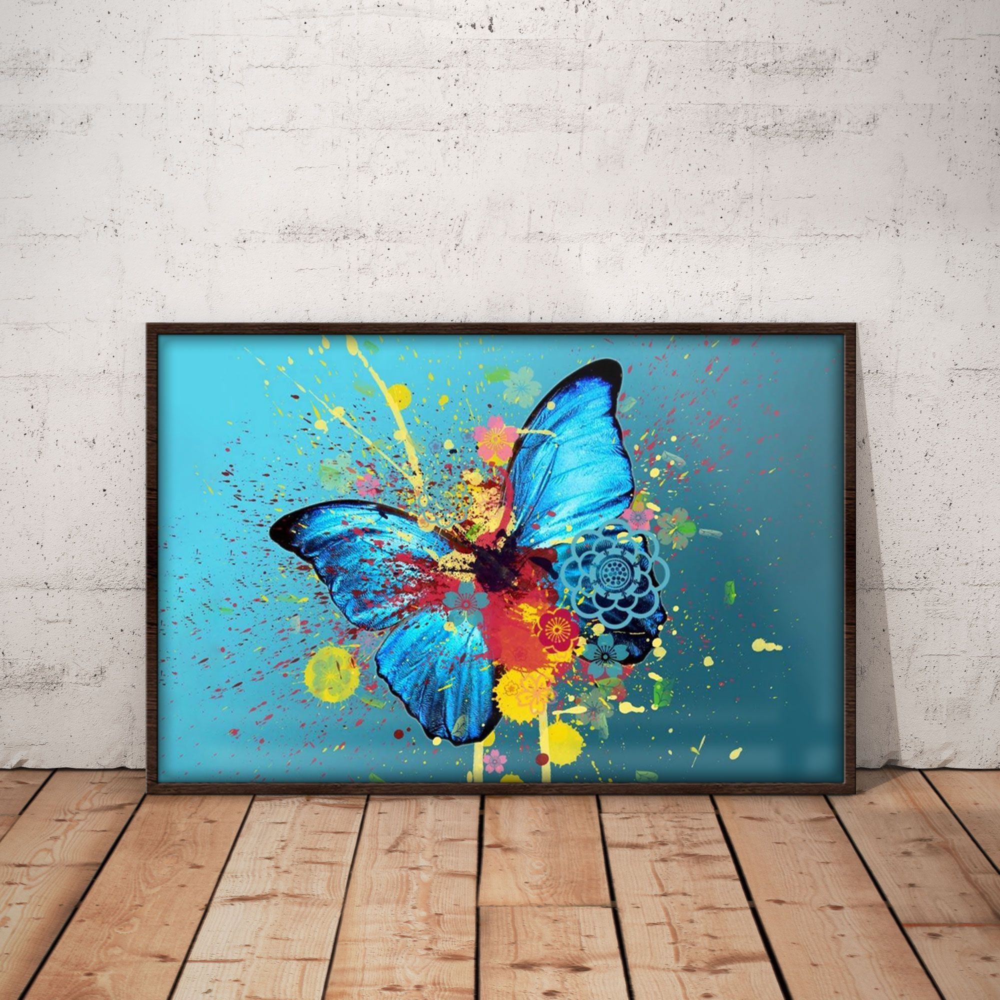 Blue Butterfly With Colorful Painting Poster Canvas Home Décor Gifts For Women Girls Friends