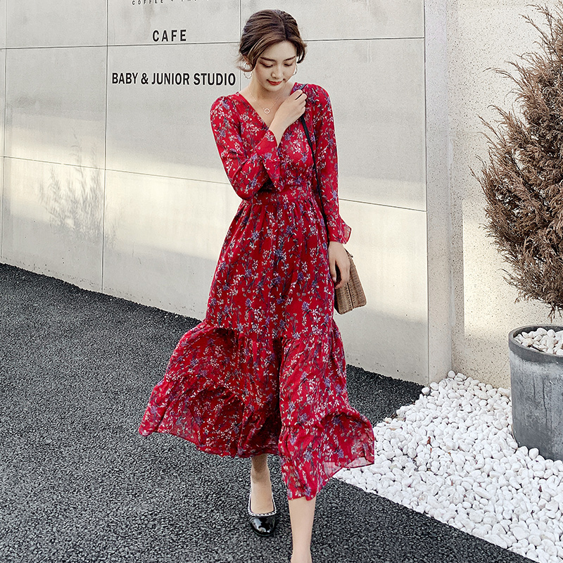 Spring Summer Fashion Female Vintage Print Floral Long Sleeve V-neck Casual A-line Maxi Dress Women Chiffon Dress Mujer Vestidos alx