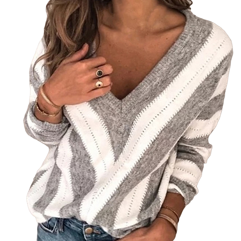 Winter Autumn Long Sleeve Jumper Winter Fashion Striped Knitted Pullover Women Casual Sexy V Neck Sweater Femme Knitwear Pull alx