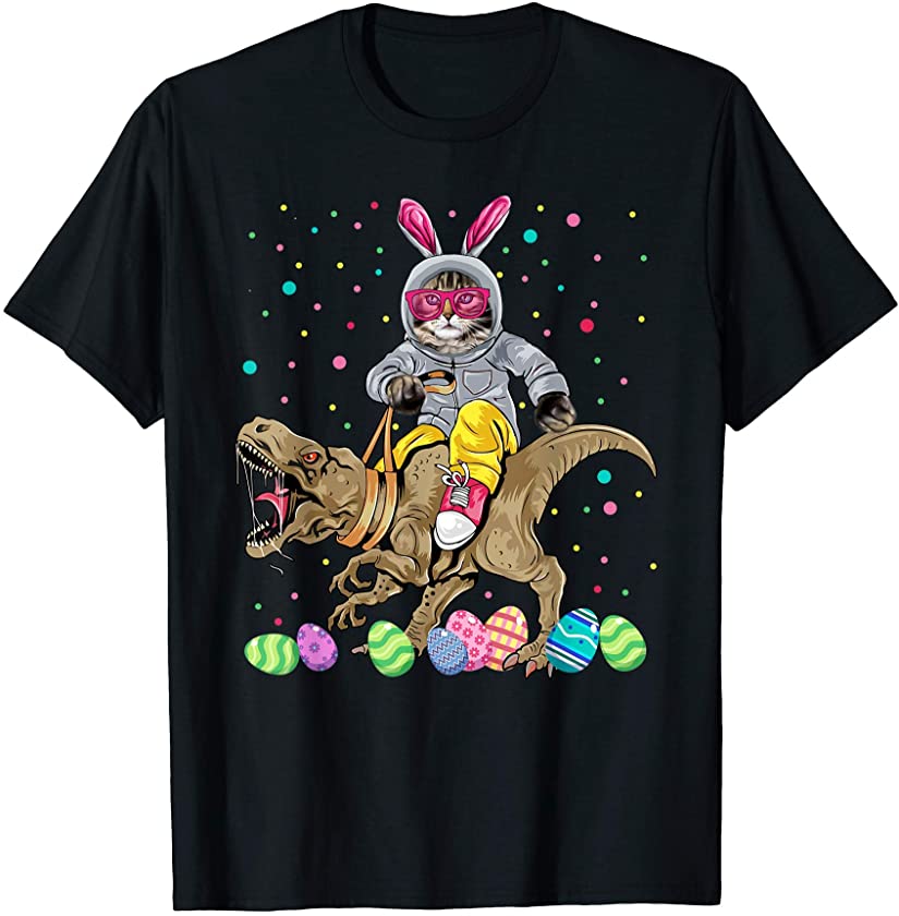 Cool Bunny Maine Coon Cat Riding Dinosaur T rex Easter Day T-Shirt