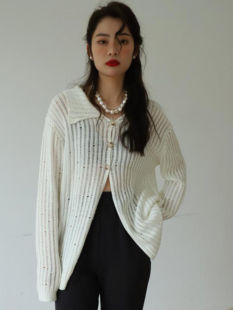 Yedinas Streetwear Hollow Out Female Cardigan Long Sleeve Korean Style Knitted Single Breasted Turn-down Collar Sweater Women alx