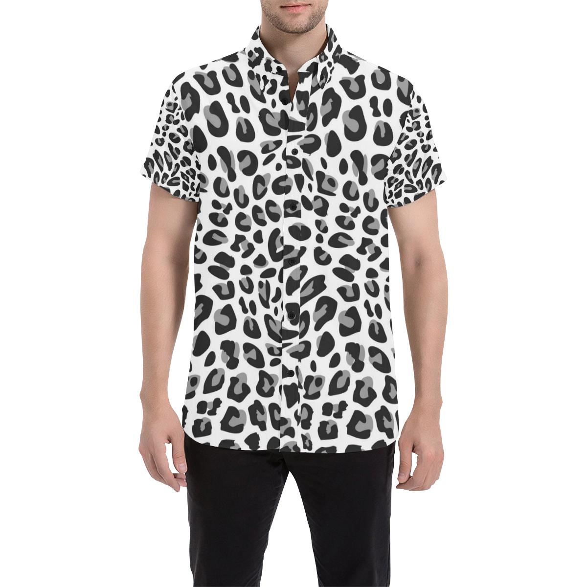 Snow Leopard Skin Print Men Button Up Shirt