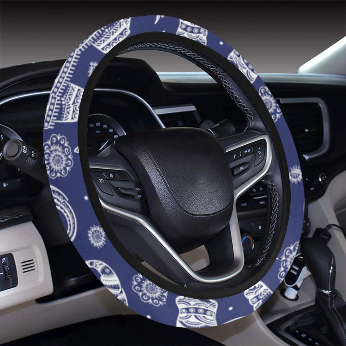 White Elephant Mandala Steering Wheel Cover With Elastic Edge