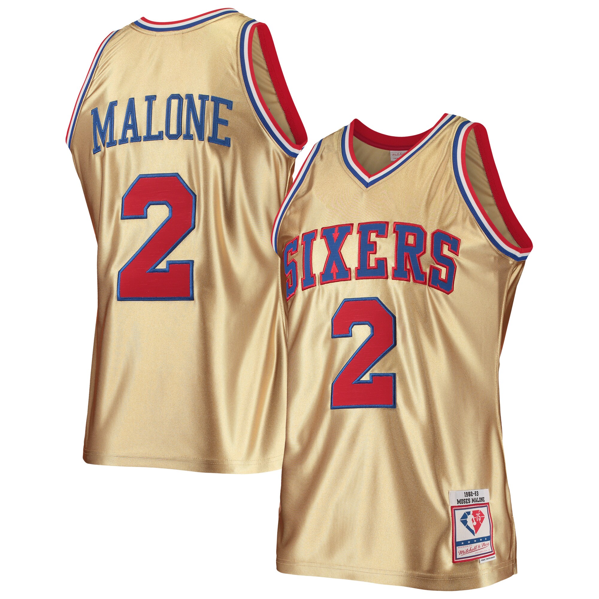 Moses Malone Philadelphia 76ers Mitchell & Ness 75th Anniversary 1982/83 Hardwood Classics Swingman Jersey – Gold