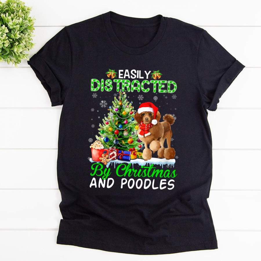 Poodles dog christmas easily distracted by christmas and border poodles candy cane black cotton t shirt for men and women S-6XL