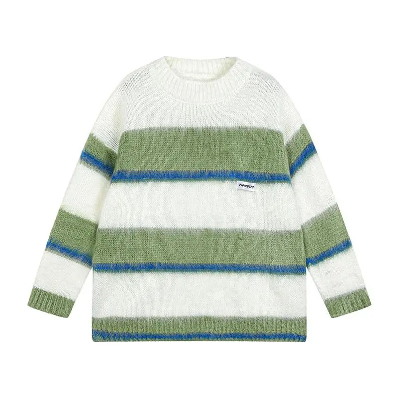 Stripe Contrast Mohai Sweater Women Relaxed and Loose Knitted Pullover Sweet Jumper Long Sleeve Top Autumn and Winter Wholesale alx