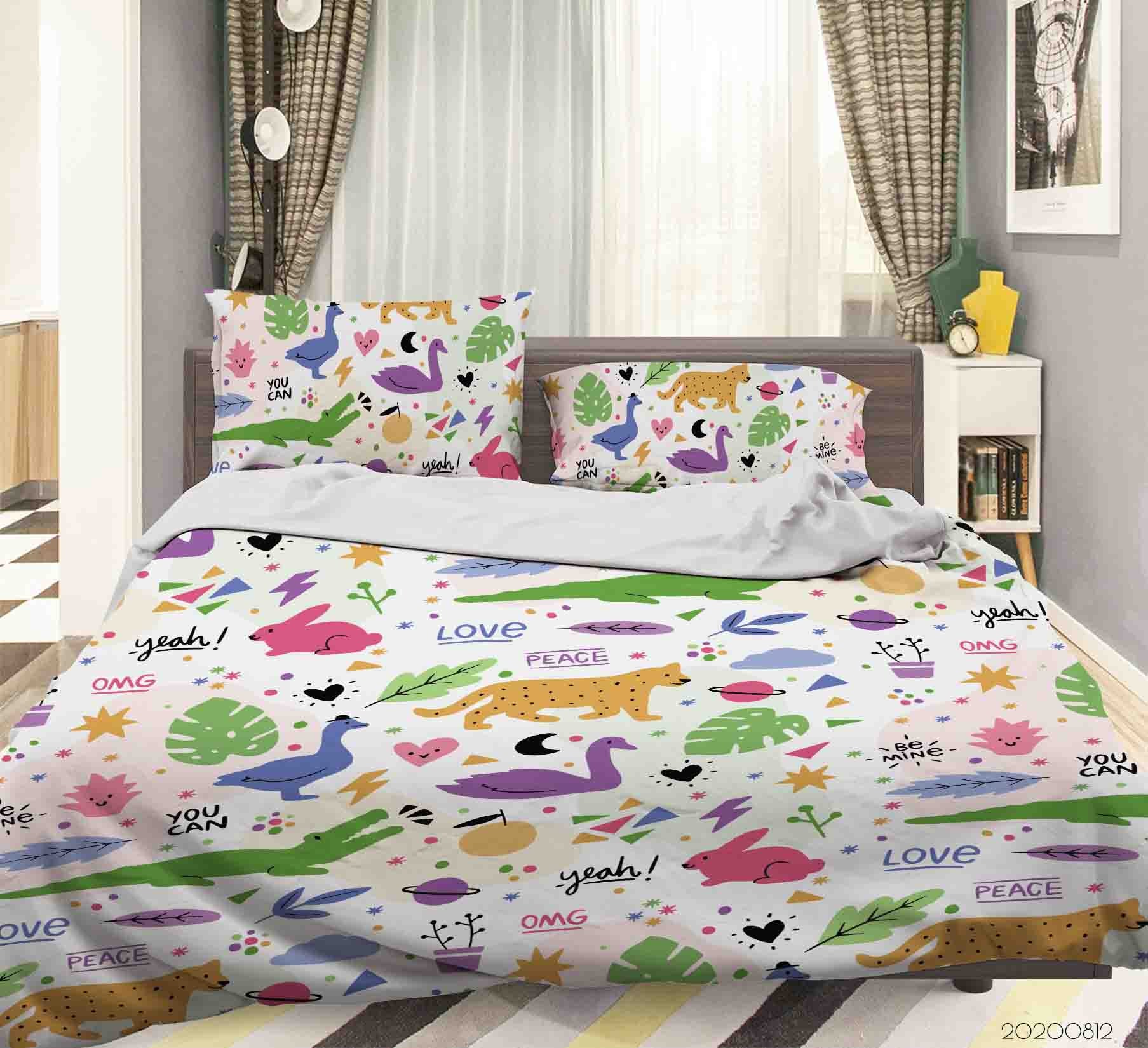 3D Colorful Bunny Swan Floral Plant Quilt Cover Set Bedding Set Duvet Cover Pillowcases Lxl