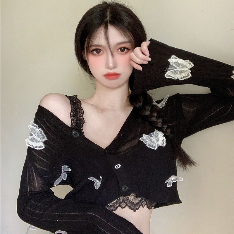 Autumn 2021 New Butterfly Knit Cardigan Women Korean Sexy Short Cardigan Summer Sunscreen Long-sleeved Jacket Knitted Crop Top alx