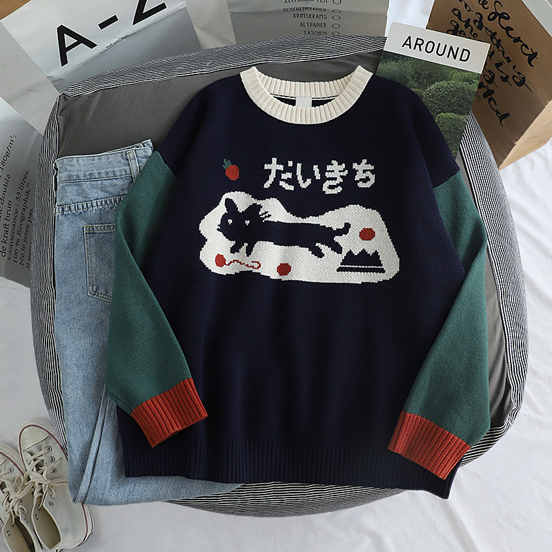 WAKUTA Women Cartoon Cat Knitted Sweaters and Pullovers Autumn Winter Girls Color Block Knit Jumper Harajuku Sweaters Jacquard alx