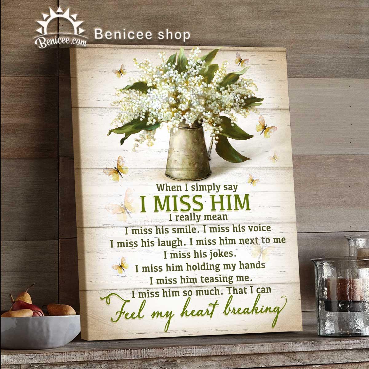 Benicee Memorial Gift Framed Canvas/Wrapped Wall Art Canvas I Miss Him Lily Of The Valley Top 3 Home Decor