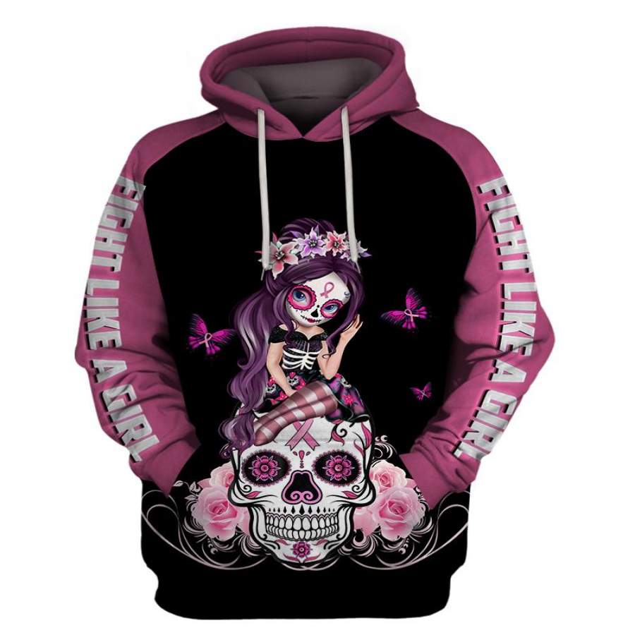 Pink Sugar Skull Girl Breast Cancer Awarenes Zipup/ Pullover Hoodie T-shirt Sweatshirt