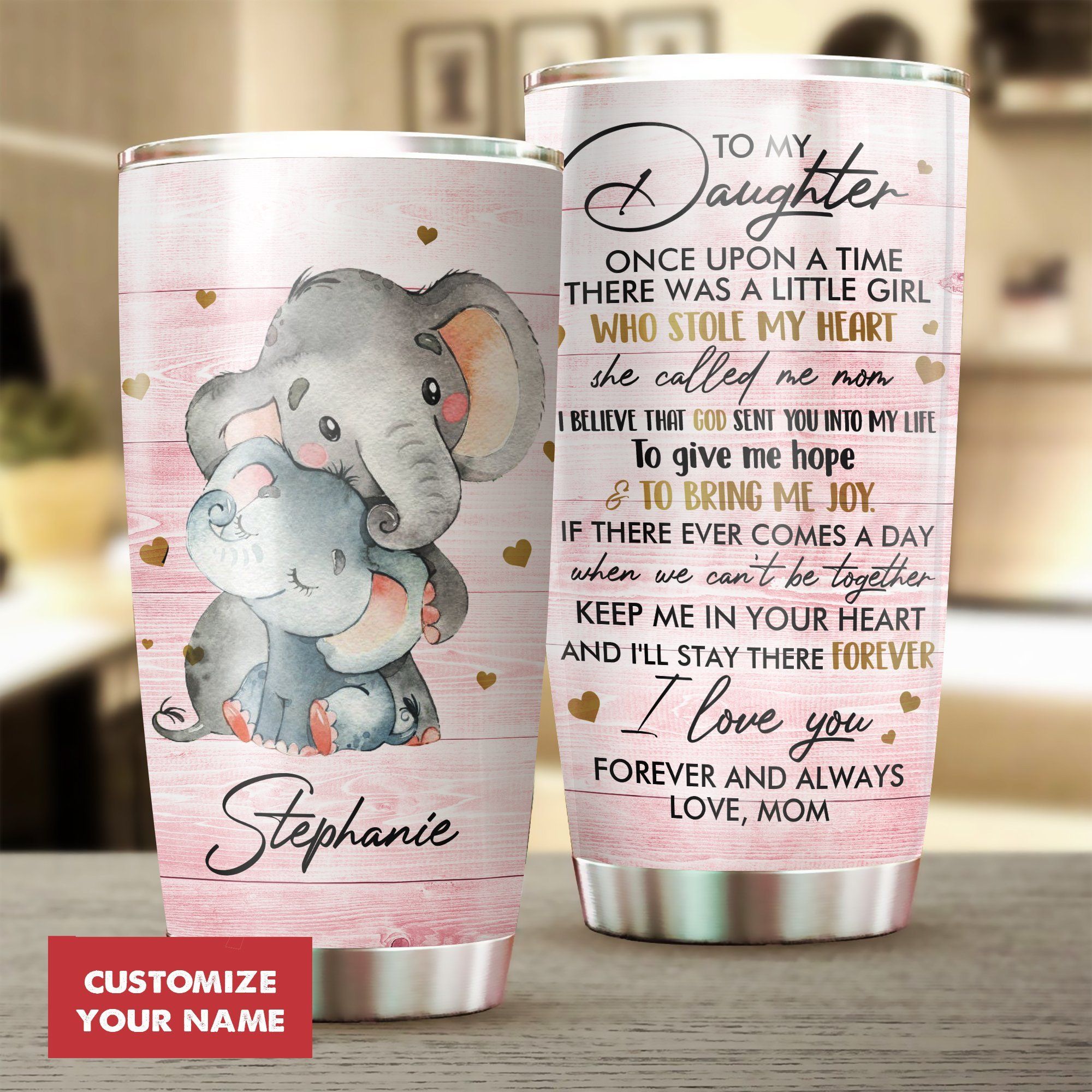 To My Daughter Elephant Custom Name Stainless Steel Tumbler