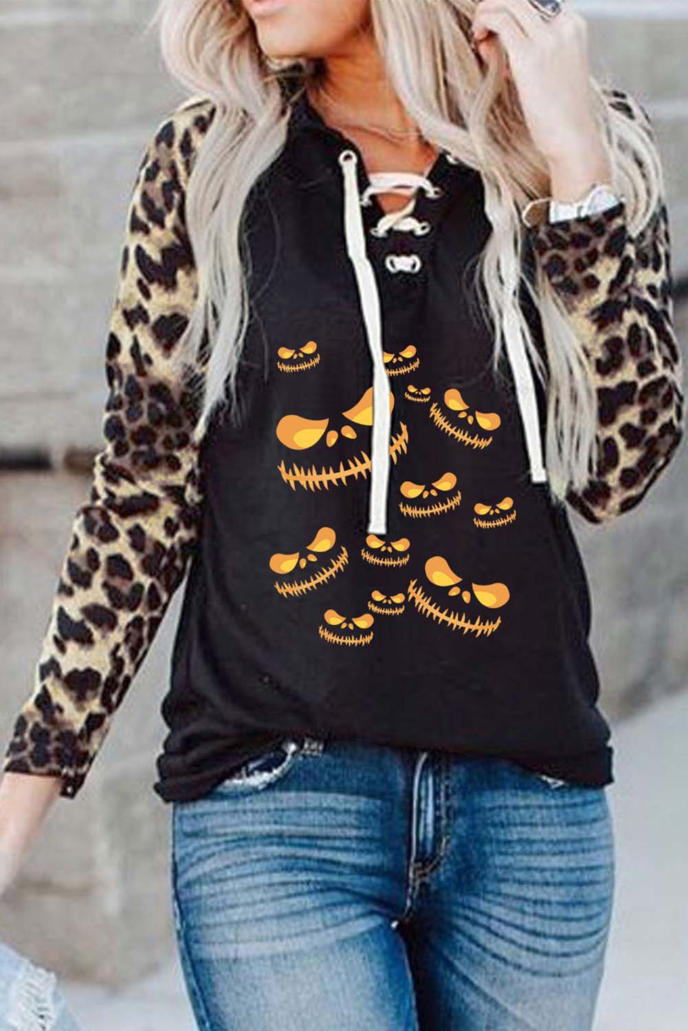 Women’S Sweatshirts Leopard Smiley Print Lace-Up Sweatshirt