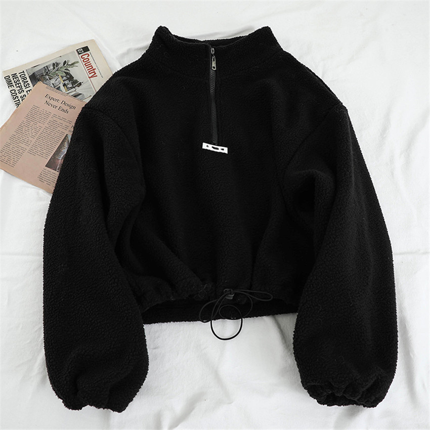 Autumn Winter Warm Fleece Hoodies Women Long Sleeve Casual Sport Sweatshirt Crop Top Korean Style Harajuku Pullover Streetwear alx