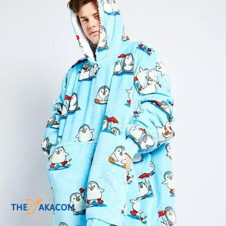 Cute Penguin With Umbrella Under Blue Water Hoodie Blanket