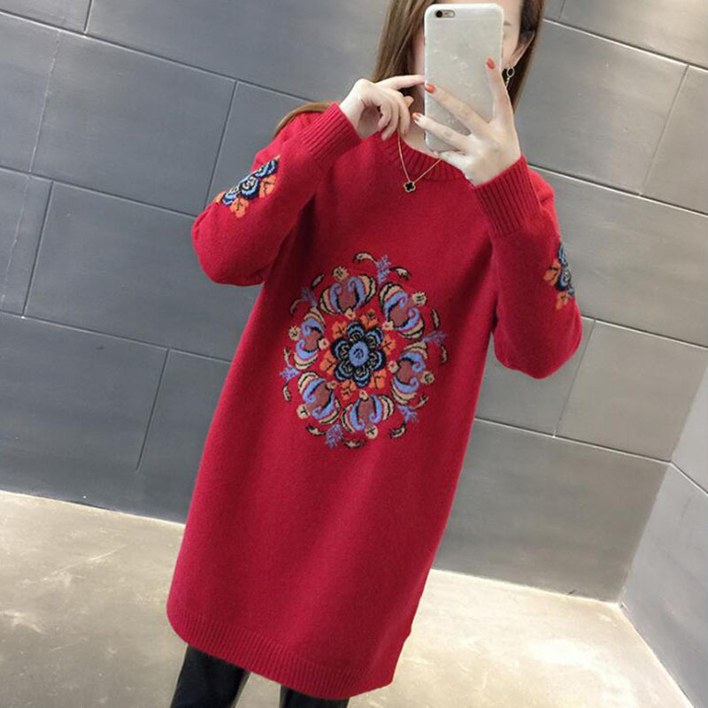 2022 New Spring Autumn Winter Women Knitted Pullovers Sweater Female Korean Fashion Embroidery Long Sweater Dress Jumper Tops alx