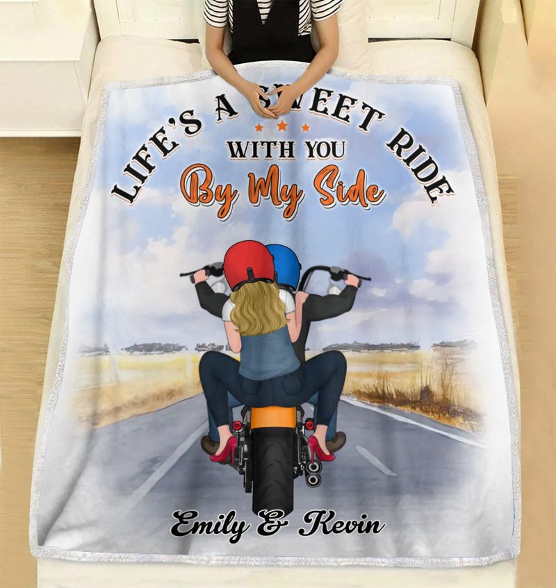 Personalized Custom Motorcycle Couple Fleece Blanket, Gift Idea For Couple/ Bikers, Life’S A Sweet Ride With You By My Side