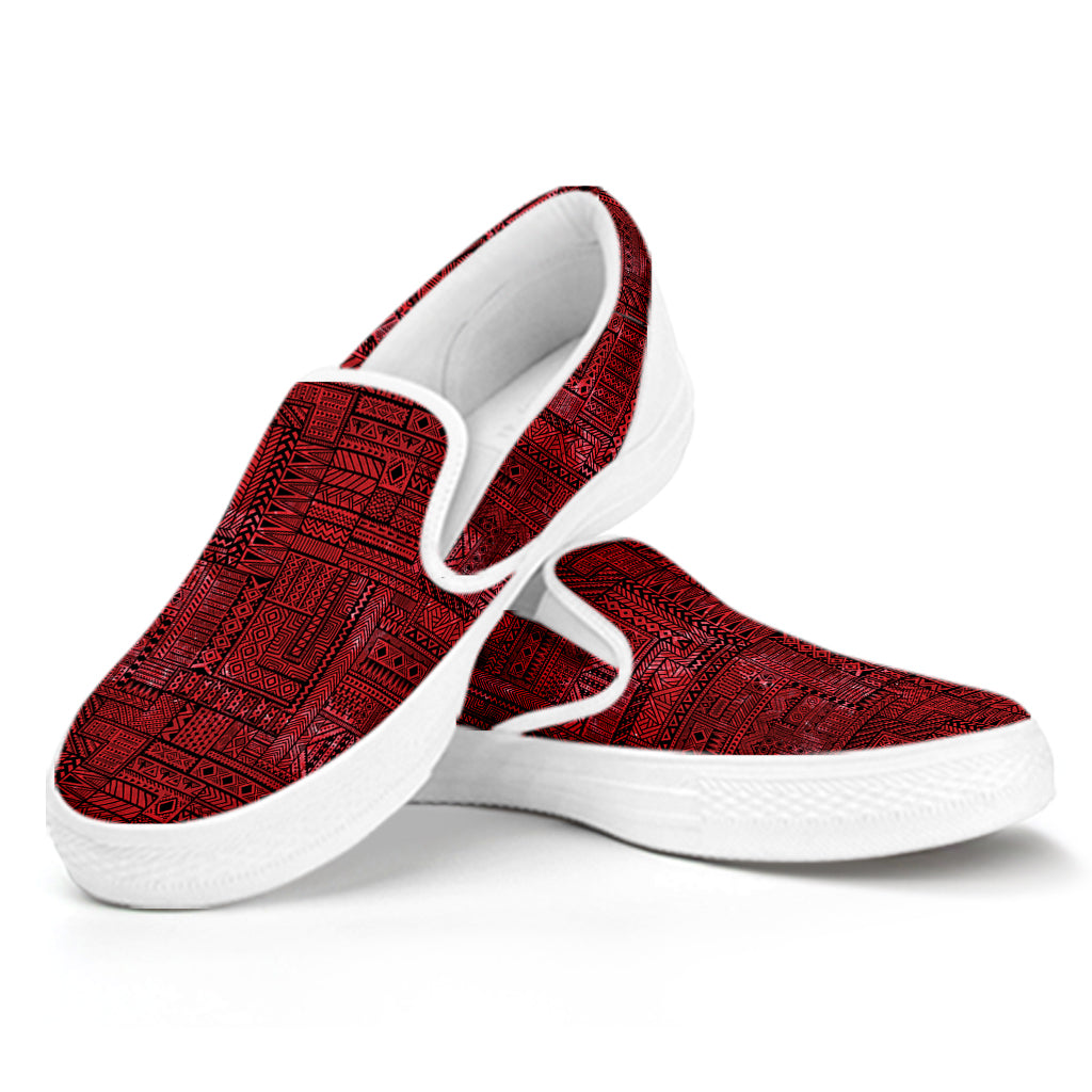 Red And Black African Ethnic Print White Slip On Shoes