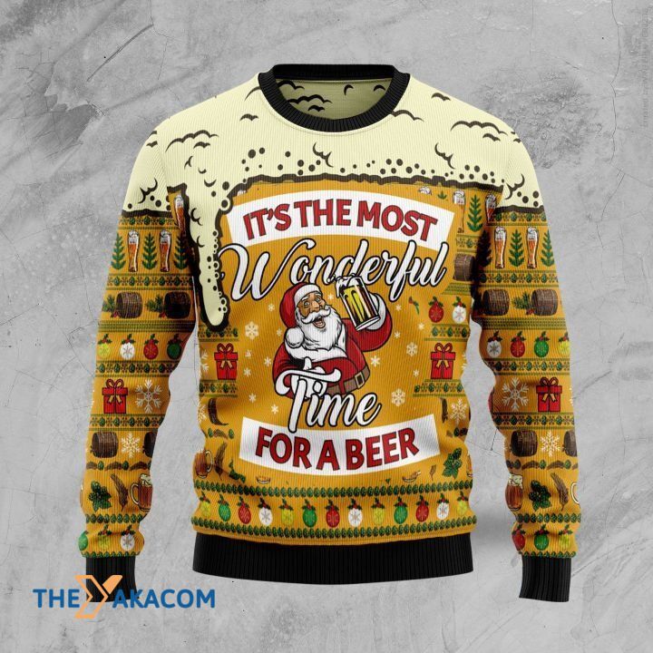 Yellow Background With Santa Claus Drunk It’S The Most Wonderful Time For Beer Gift For Christmas Ugly Christmas Sweater