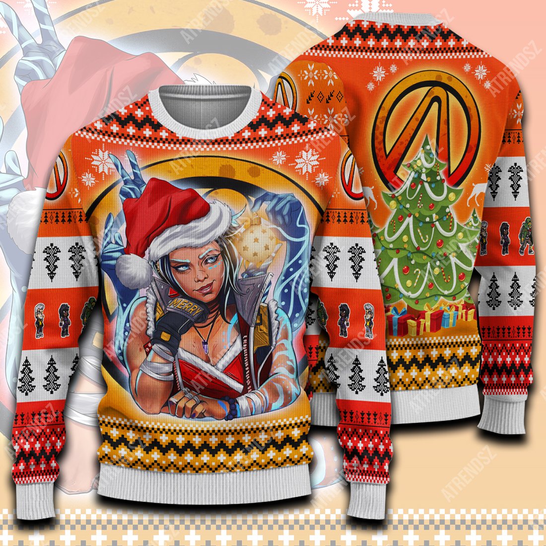 Borderlands Sweater Amara Christmas Ugly Sweater Orange Full Print Colorful