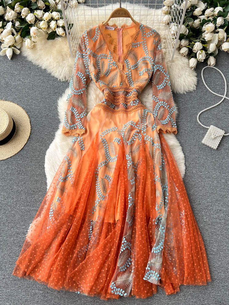 Autumn Runway Orange Embroidery Lace Mesh Dot Tulle Dress Women Clothing Wrist Sleeve V Neck Ruffle Long Evening Party Vestidos alx