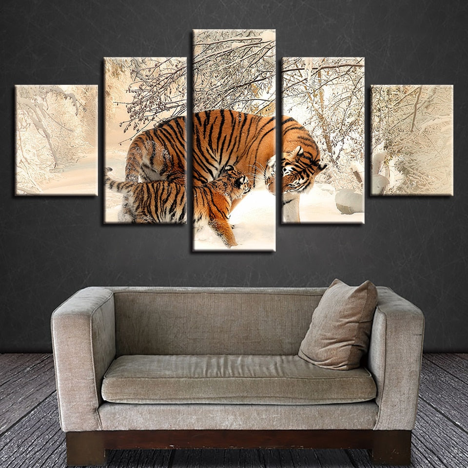 Winter Snow Tigers 5 Piece Hd Multi Panel Canvas Wall Art Frame