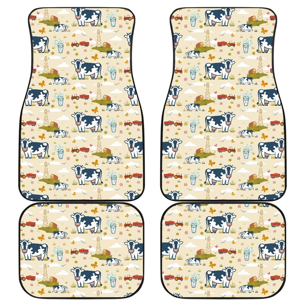 Cartoon Dairy Cow Farm Pattern Print Front And Back Car Floor Mats, Front Car Mat