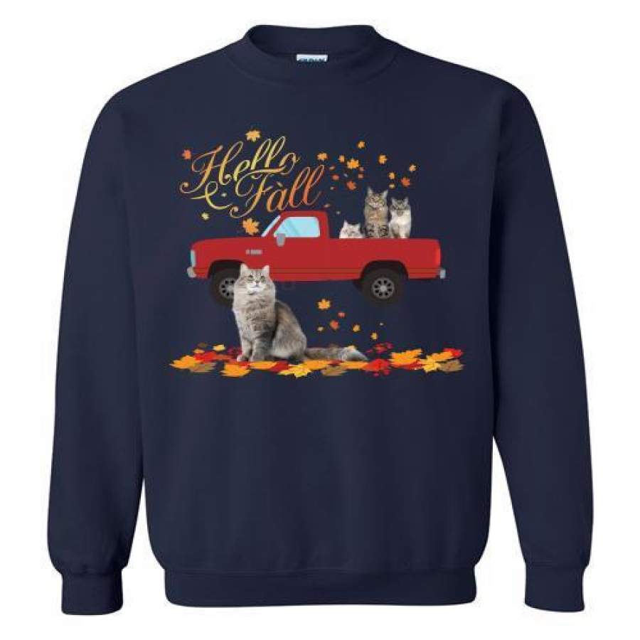 Hello Fall Cats On Red Truck Christmas Sweatshirt
