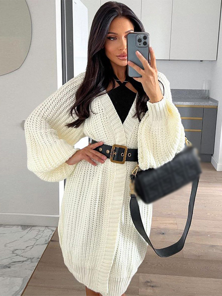 Women Lantern Sleeve Loose Knitted Cardigan 2022 Female Casual Solid Long Sweater Coat Ladies Autumn Winter Soft Warm Streetwear alx