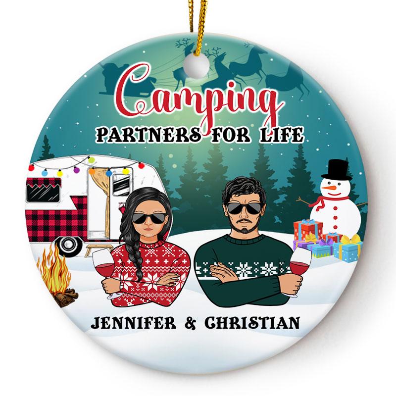 Camping Winter Christmas Couple Camping Partners For Life – Personalized Custom Circle Ceramic Ornament
