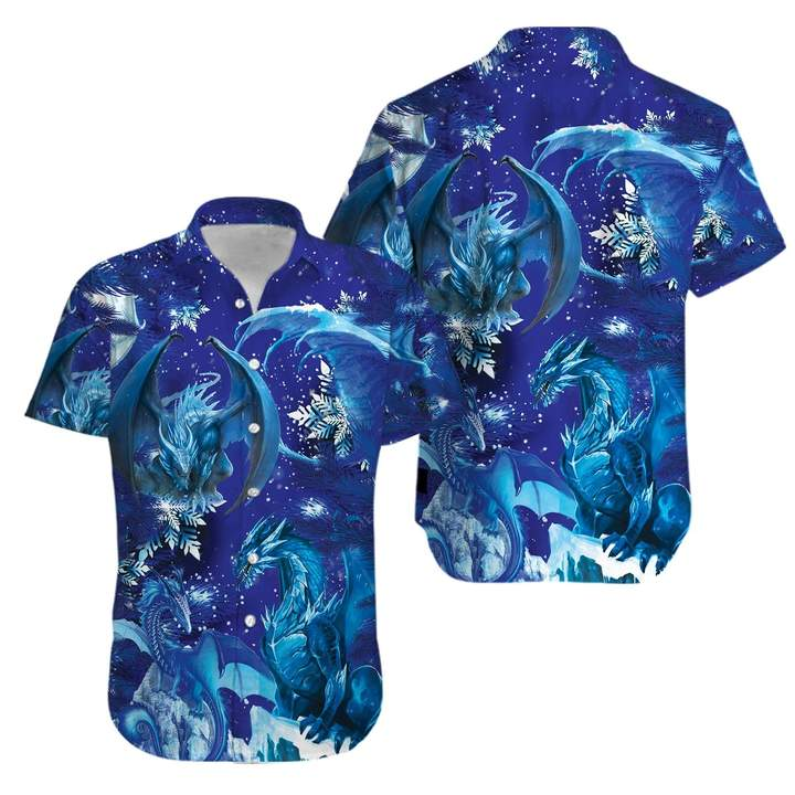 Snowflakes Blue Dragon Print Polyester Hawaii Shirt Ha10013