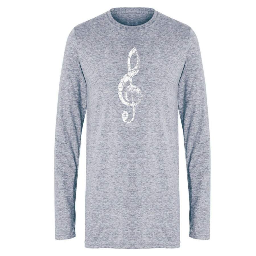 Music Player Distressed Treble Clef Leisure Shirt Gray Long Sleeves