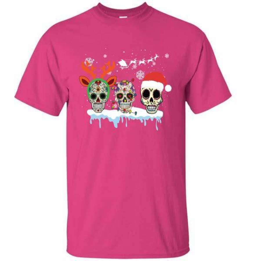 Christmas Three Mexican Flower Sugar Skull In Snow Xmas T-Shirt