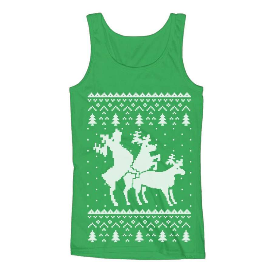 Ugly Christmas Party Sweater Humping Reindeer Threesom Women Tank Top