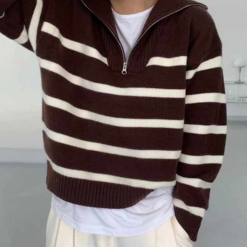 Women’s Korean Style Retro Sweater Autumn And Winter College Style Polo High Collar Chic Pullover Thick Striped Coat Knitted Top alx