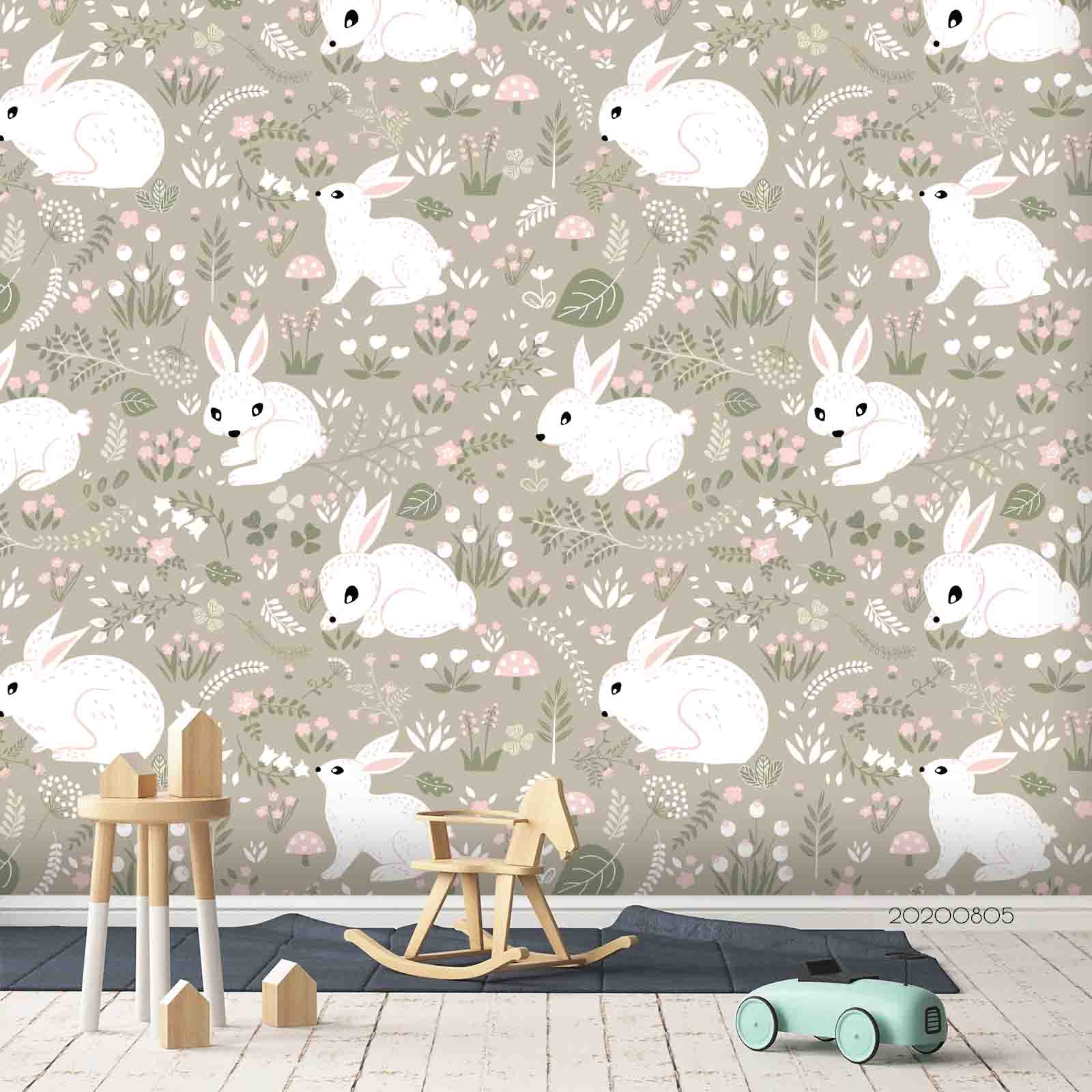 3D Cartoon Floral Bunny Grey Wall Mural Wallpaper Lxl 795