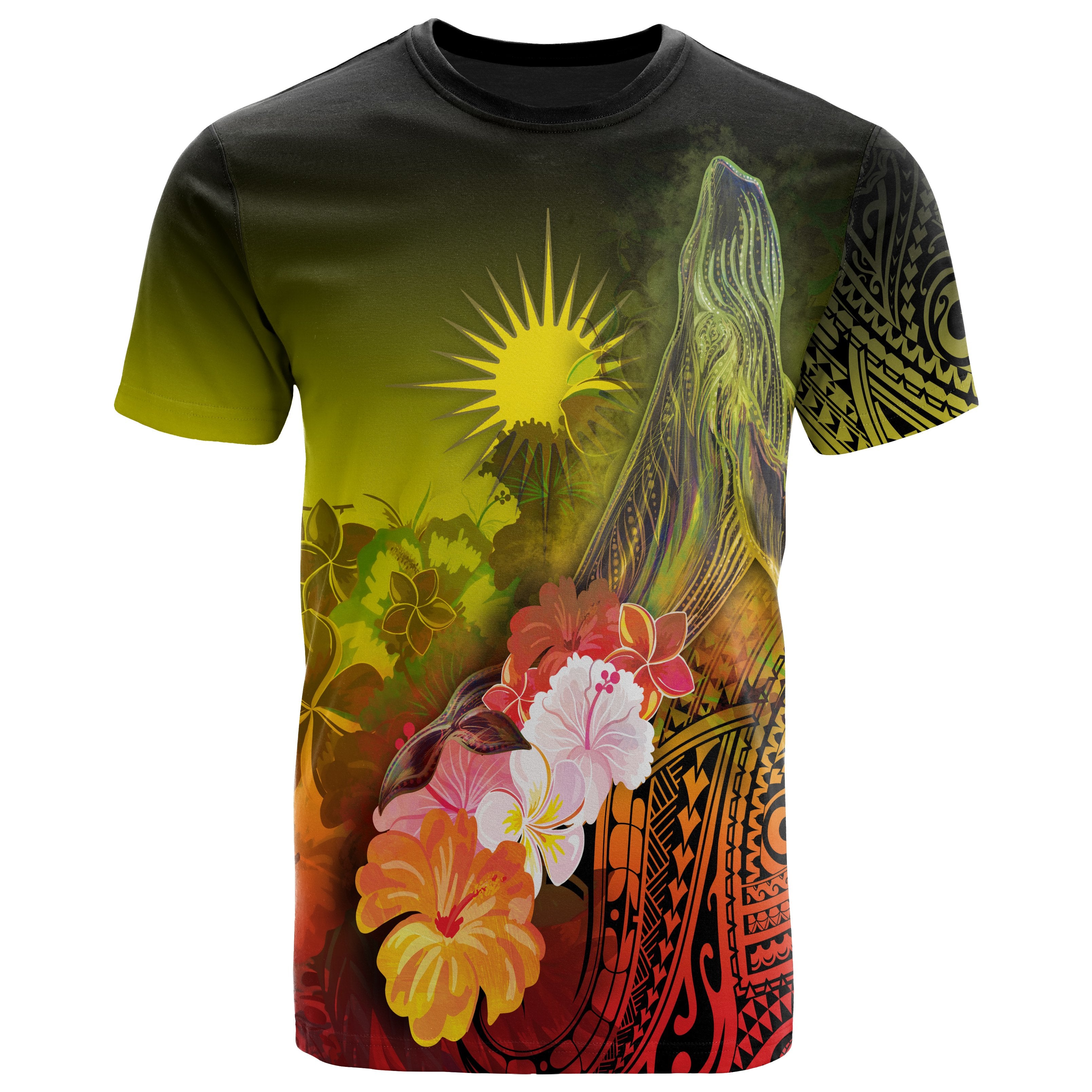 Marshall Islands T-Shirt – Humpback Whale With Tropical Flowers (Yellow)