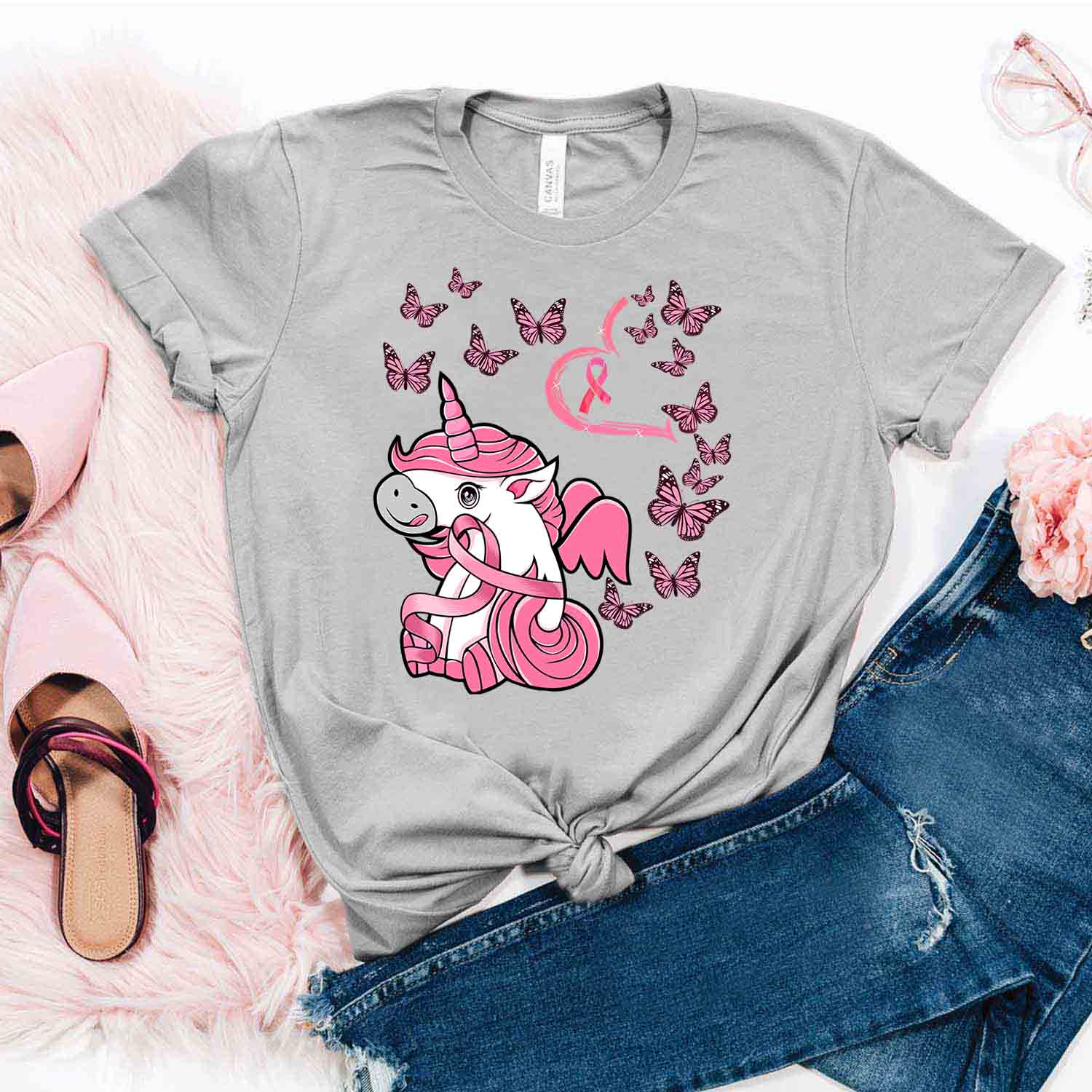 Baby Unicorn Breast Cancer Butterflies Shirt – Breast Cancer Awareness T-Shirt Gifts For Mom Daughter Friends Hoodies Sweater Pink