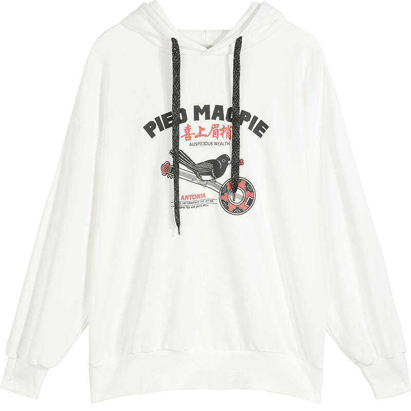 White Graphic Print Drawstring Vintage Casual Sweatshirts