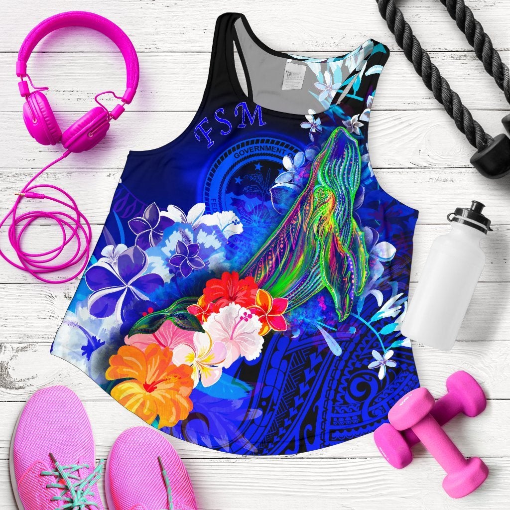 Federated States Of Micronesia Racerback Tanks – Humpback Whale With Tropical Flowers (Blue)