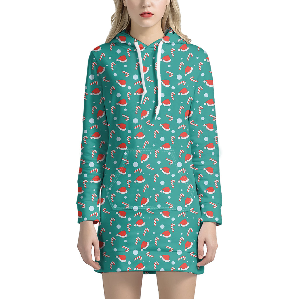 Candy And Santa Claus Hat Pattern Print Women’S Pullover Hoodie Dress