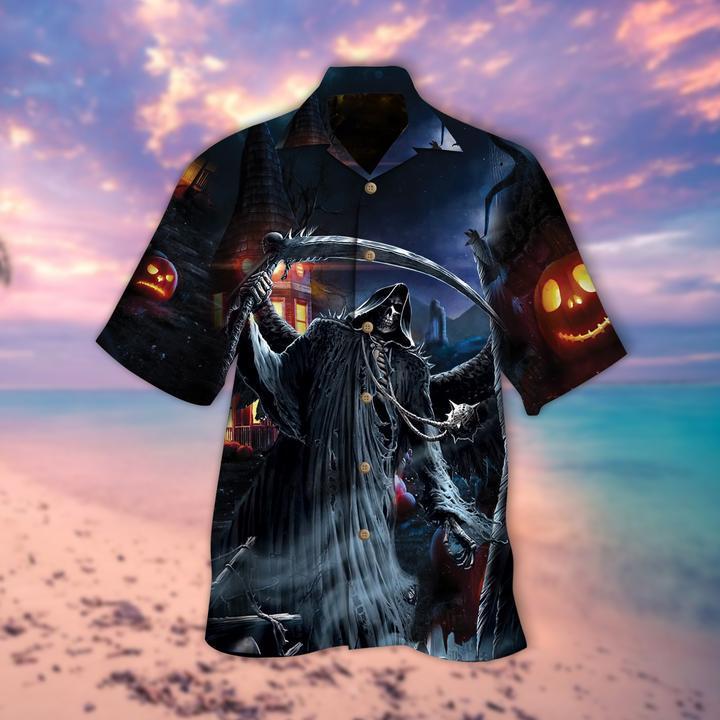 The Grim Reaper Halloween Hawaii Unisex Print Aloha Short Sleeve Casual Shirt Ha108667