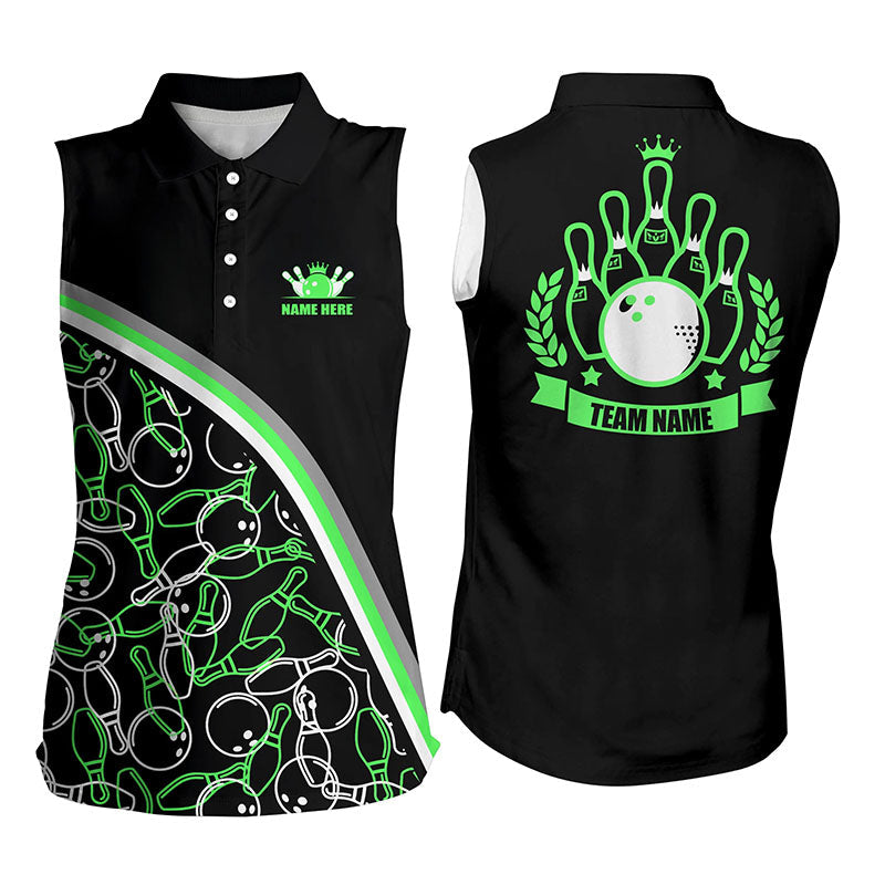 Personalized Bowling Sleeveless Polo Shirt For Women Custom Black Green Bowling Pattern Team Shirts