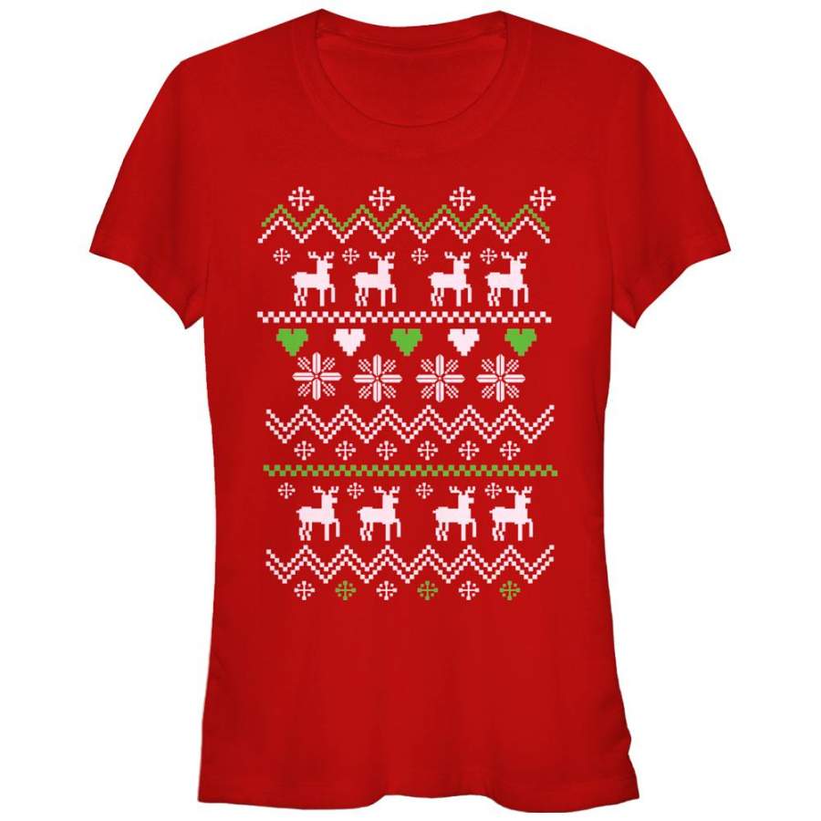 Lost Gods Junior’s Ugly Christmas Reindeer & Hearts  T Shirt Red