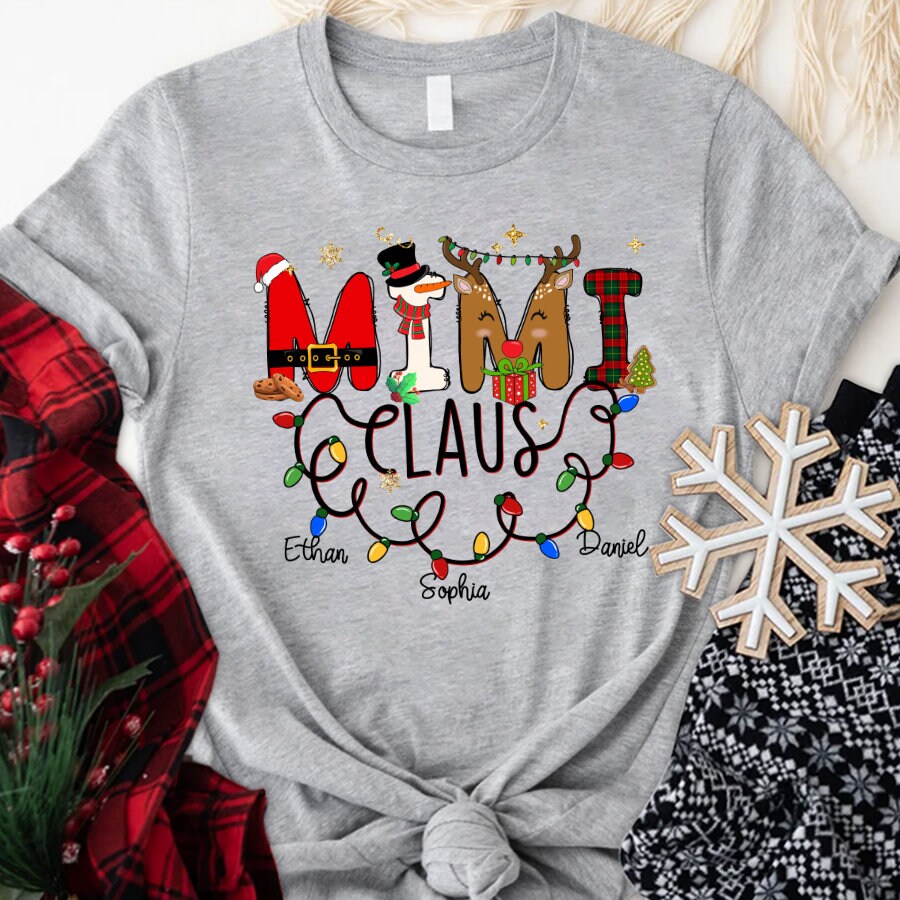 Custom Christmas Mimi Claus T Shirt, Christmas Doodle Grandma Nana Mimi Shirt With Kidnames, Lights Claus Mimi Shirt for Christmas 2022