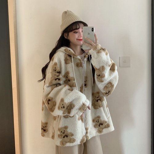 2020 Winter Loose Hoodies Sweatshirts Streetwear Thick Lamb Wool Bear Coat Cute Women Hoodie Zipper Oversized Outwear alx