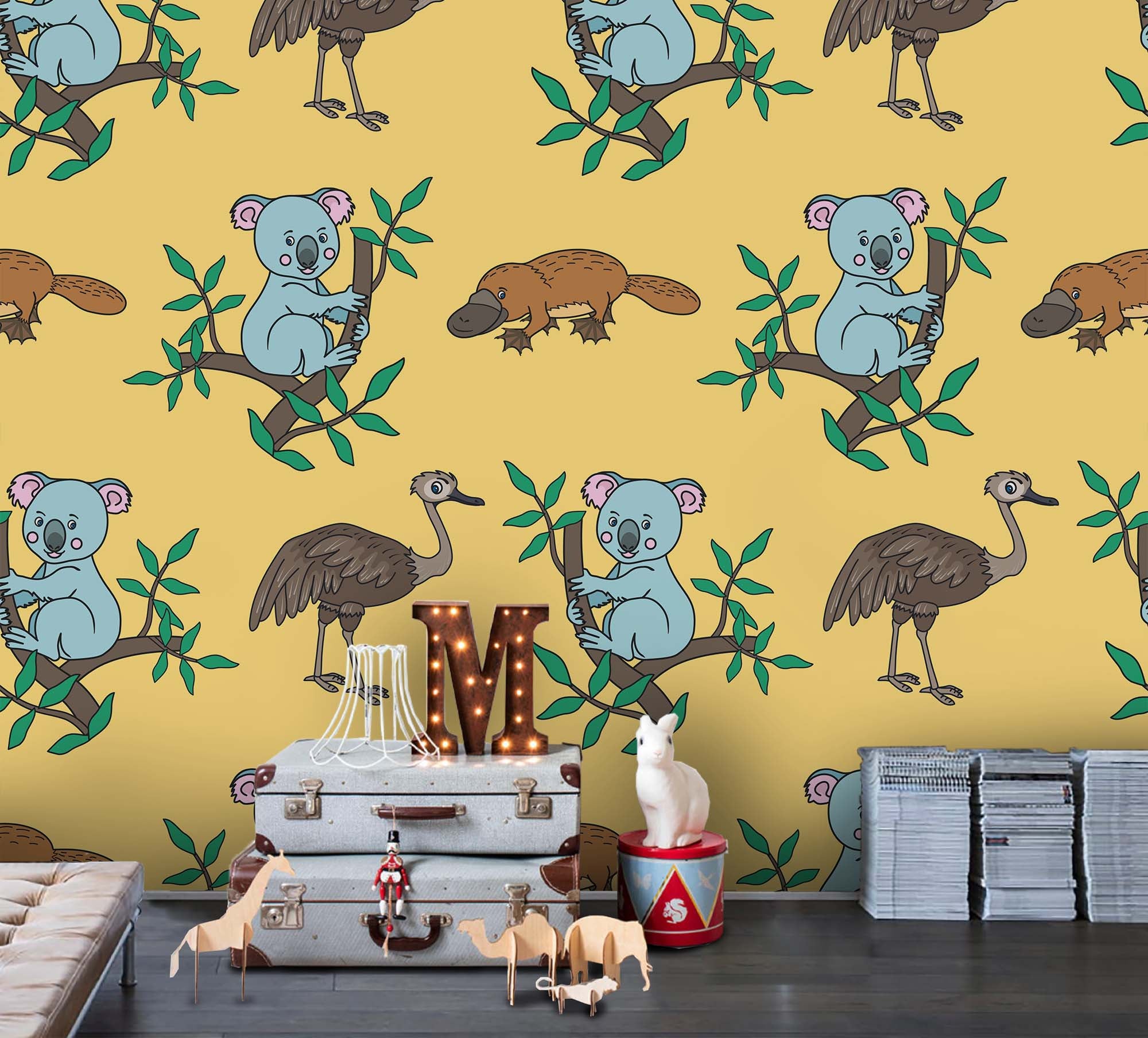 3D Cartoon Koala Animal Yellow Wall Mural Wallpaper A165 Lqh