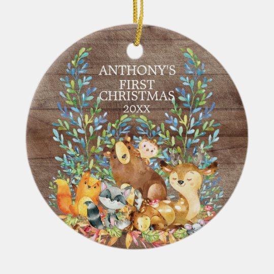 Woodland Animals Baby’S First Christmas Ceramic Circle Ornament 1 – 2 Sided